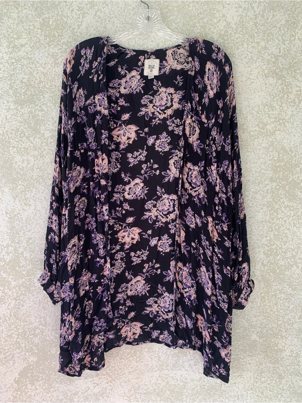 Billabong Womens Floral Kimono Cardigan Black Purple Open Front Size M/L